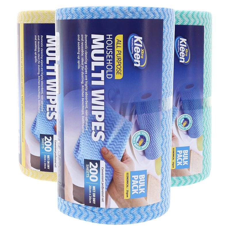 All Purpose Wipe 20cm x 20cm 200pk - Assorted Colours Yellow, Blue, Green (unscented)