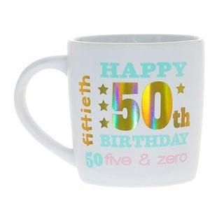 HAPPY 50TH WHITE GOLD FOIL MUG