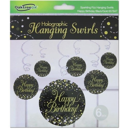 Sparkling Fizz Black/Gold 6pk Happy Birthday Swirls