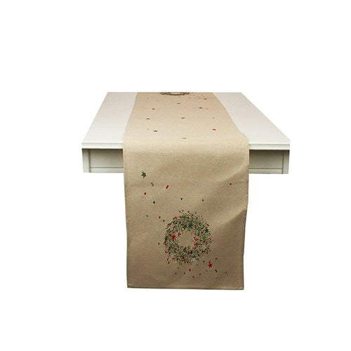 40X173CM WREATH EMBROIDERED TABLE RUNNER - GOLD