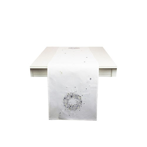 40X173CM WREATH EMBROIDERED TABLE RUNNER - WHITE