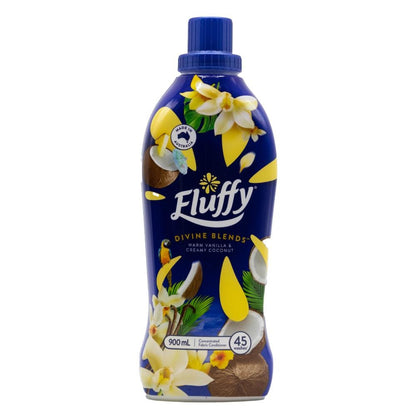 FLUFFY 900mL FABRIC CONDITIONER CONCENTRATED DIVINE BLENDS WARM VANILLA AND CREAMY COCONUT