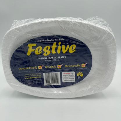 50 Pk White Oval Plastic Plates (210x300mm) image 0