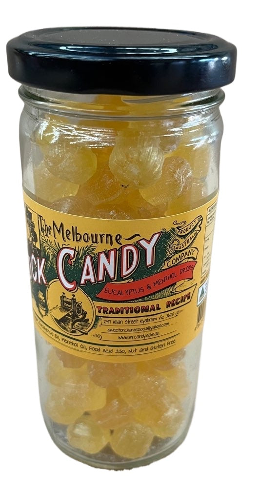 The Melbourne Rock Candy Eucalyptus & Menthol Drops Glass Jar 170g