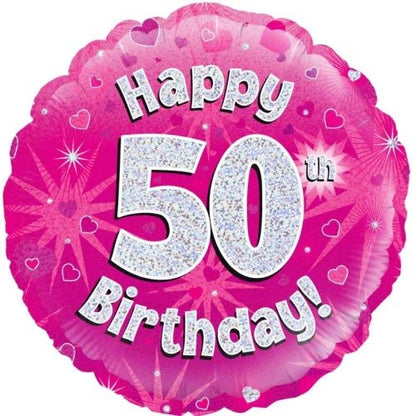 Foil Balloon 45cm Pink Holo Happy Birthday #50