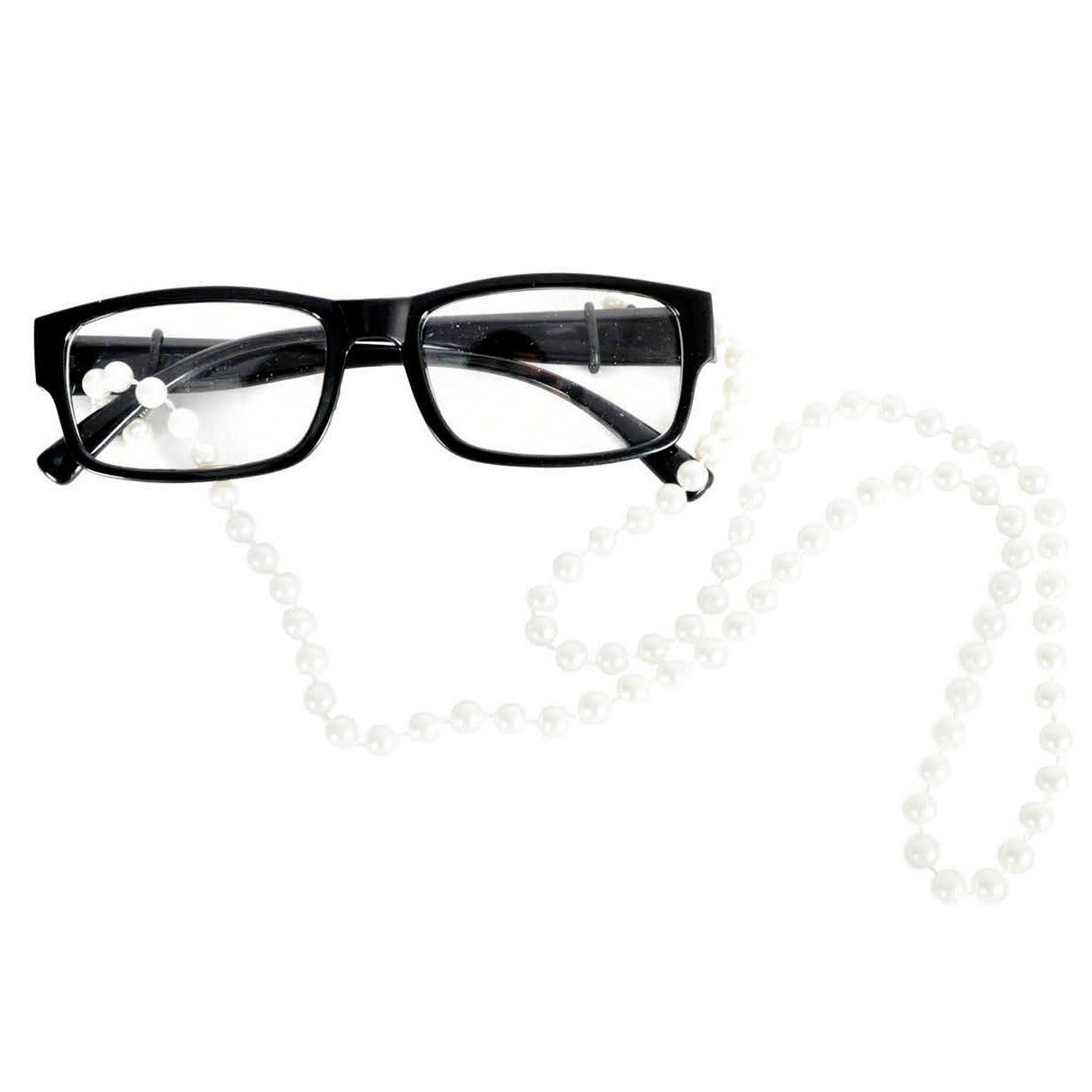 Black Rim Grandma Glasses with Pearl Chain