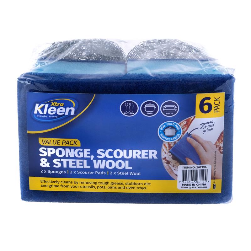 Sponge, Scourer Pad, Steel Wool Value Pack Set - 6pc