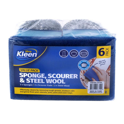 Sponge, Scourer Pad, Steel Wool Value Pack Set - 6pc