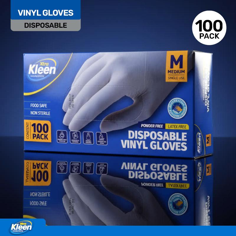Gloves Powder Free Disposable - Vinyl - Clear - Medium 100pk (Length 240mm x Width Palm 95mm x Thickness 0.10mm)