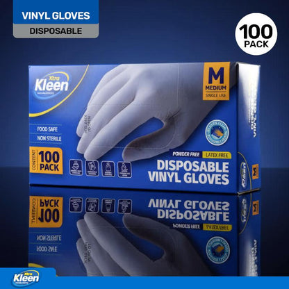 Gloves Powder Free Disposable - Vinyl - Clear - Medium 100pk (Length 240mm x Width Palm 95mm x Thickness 0.10mm)