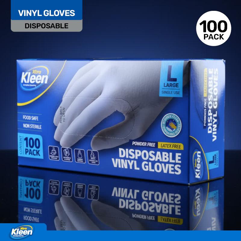 Gloves Powder Free Disposable - Vinyl - Clear - Large 100pk (Length 245mm x Width Palm 105mm x Thickness 0.10mm)