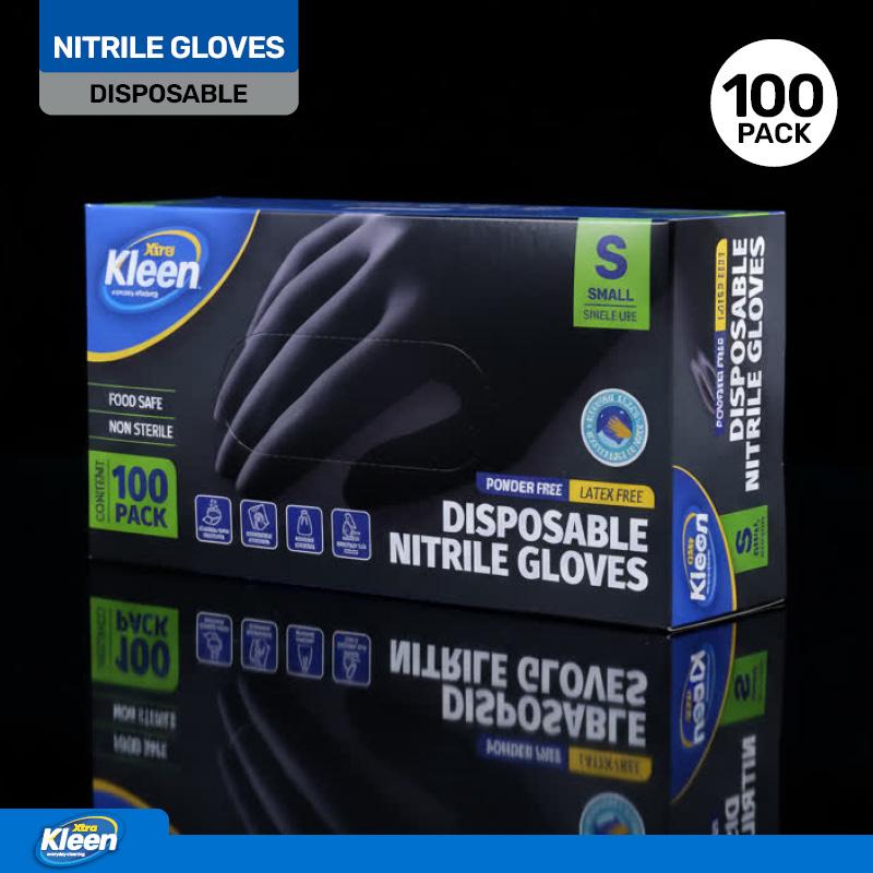 Gloves Powder Free Disposable - Nitrile - Black - Small 100pk (Length 240mm x Palm Width 85mm x Thickness 0.10mm)