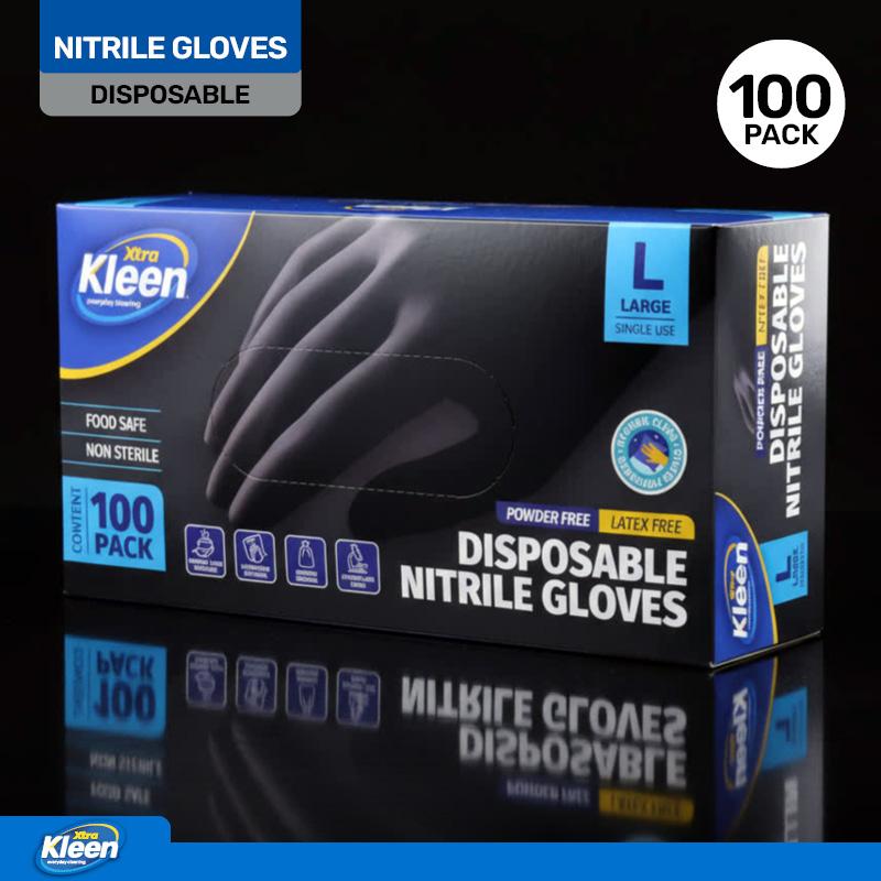 Gloves Powder Free Disposable - Nitrile - Black - Large 100pk (Length 245mm x Palm Width 105mm x Thickness 0.10mm)