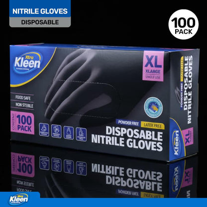 Gloves Powder Free Disposable - Nitrile - Black - XLarge 100pk (Length 245mm x Palm Width 110mm x Thickness 0.10mm)
