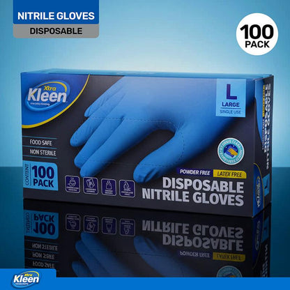 Gloves Powder Free Disposable - Nitrile - Blue - Large 100pk (Length 245mm x Palm Width 105mm x Thickness 0.10mm)