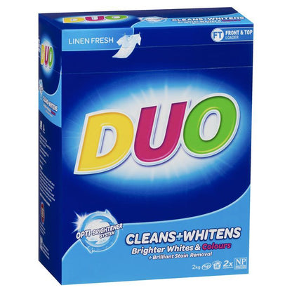 DUO 2kg LAUNDRY POWDER FRONT & TOP LOADER CLEANS+WHITENS OPTI BRIGHTENER SYSTEM LINEN FRESH