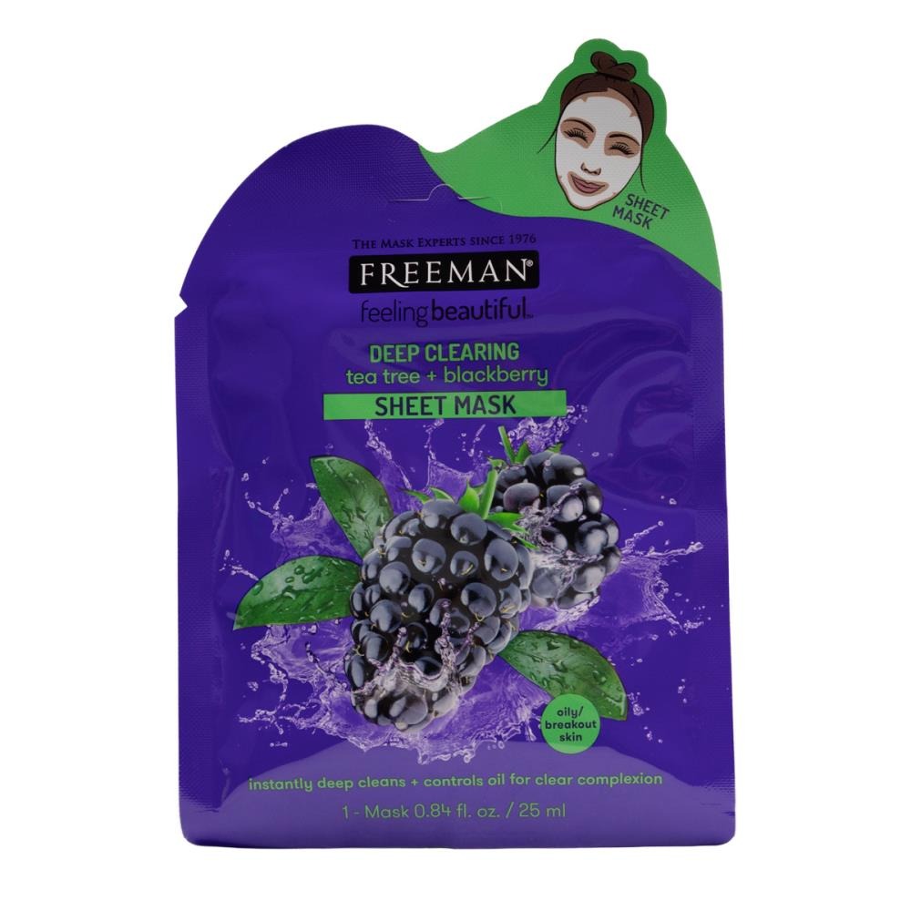 FREEMAN PK1 25mL SHEET MASK DEEP CLEARING TEA TREE AND BLACKBERRY OILY BREAKOUT SKIN