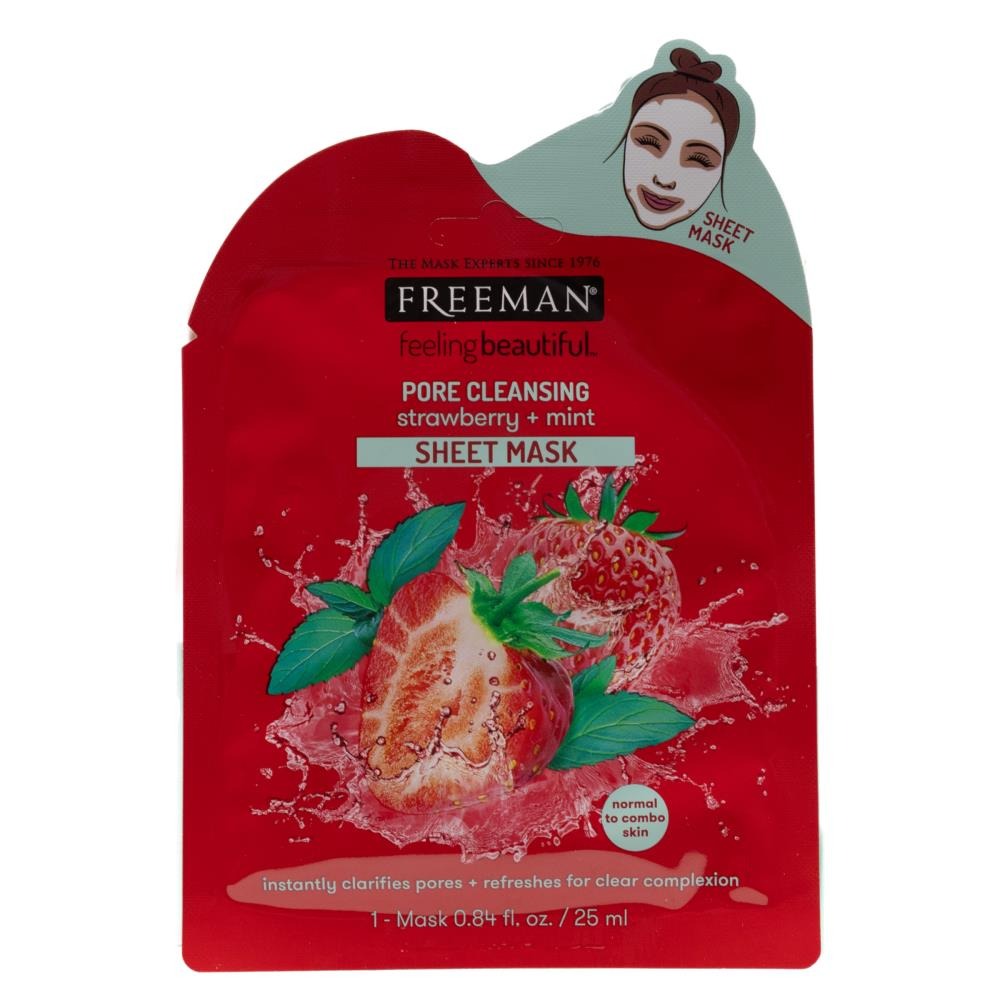 FREEMAN 25mL SHEET MASK PORE CLEANSING STRAWBERRY AND MINT NORMAL TO COMBO SKIN