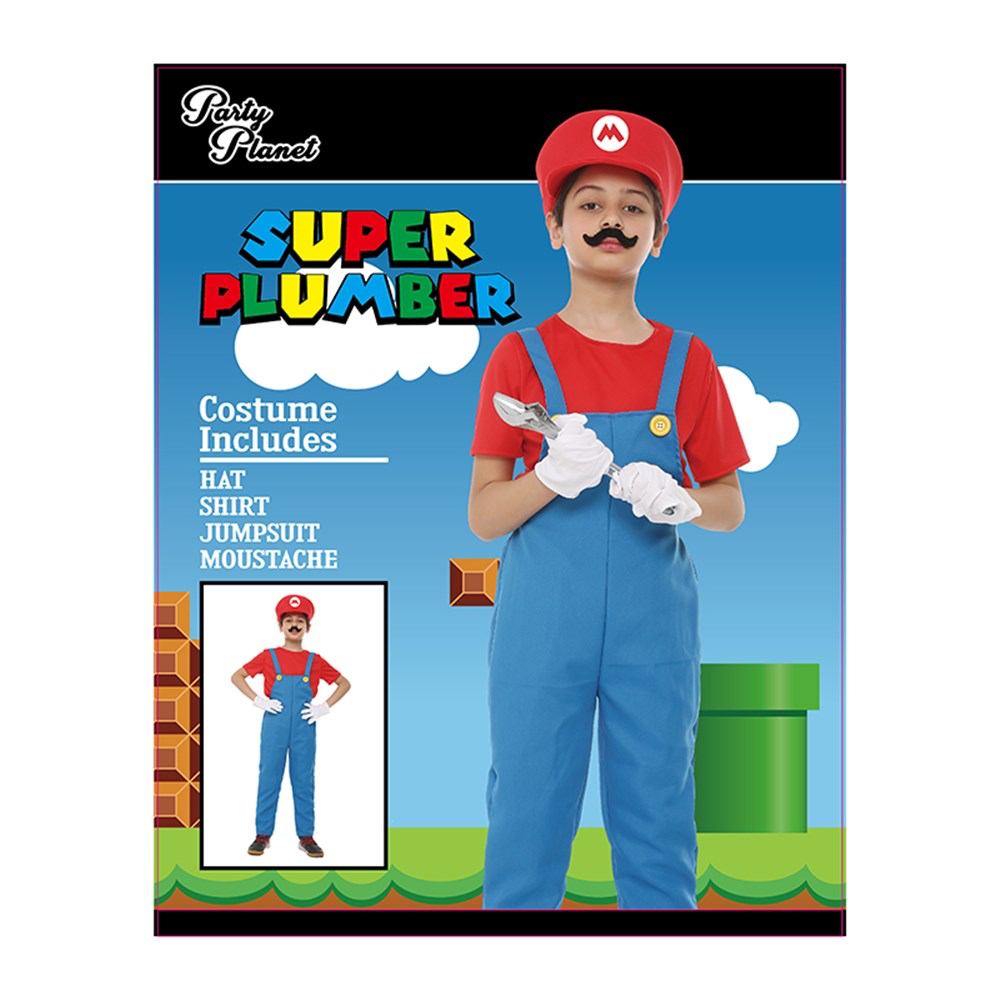Kids Plumber Red Kids Costume Large (H: 128cm W: 56cm) image 0