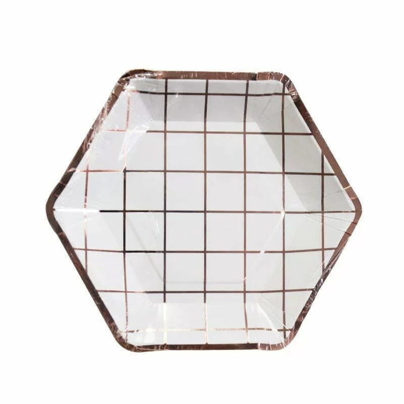 6 Rose Gold Check Paper Plates