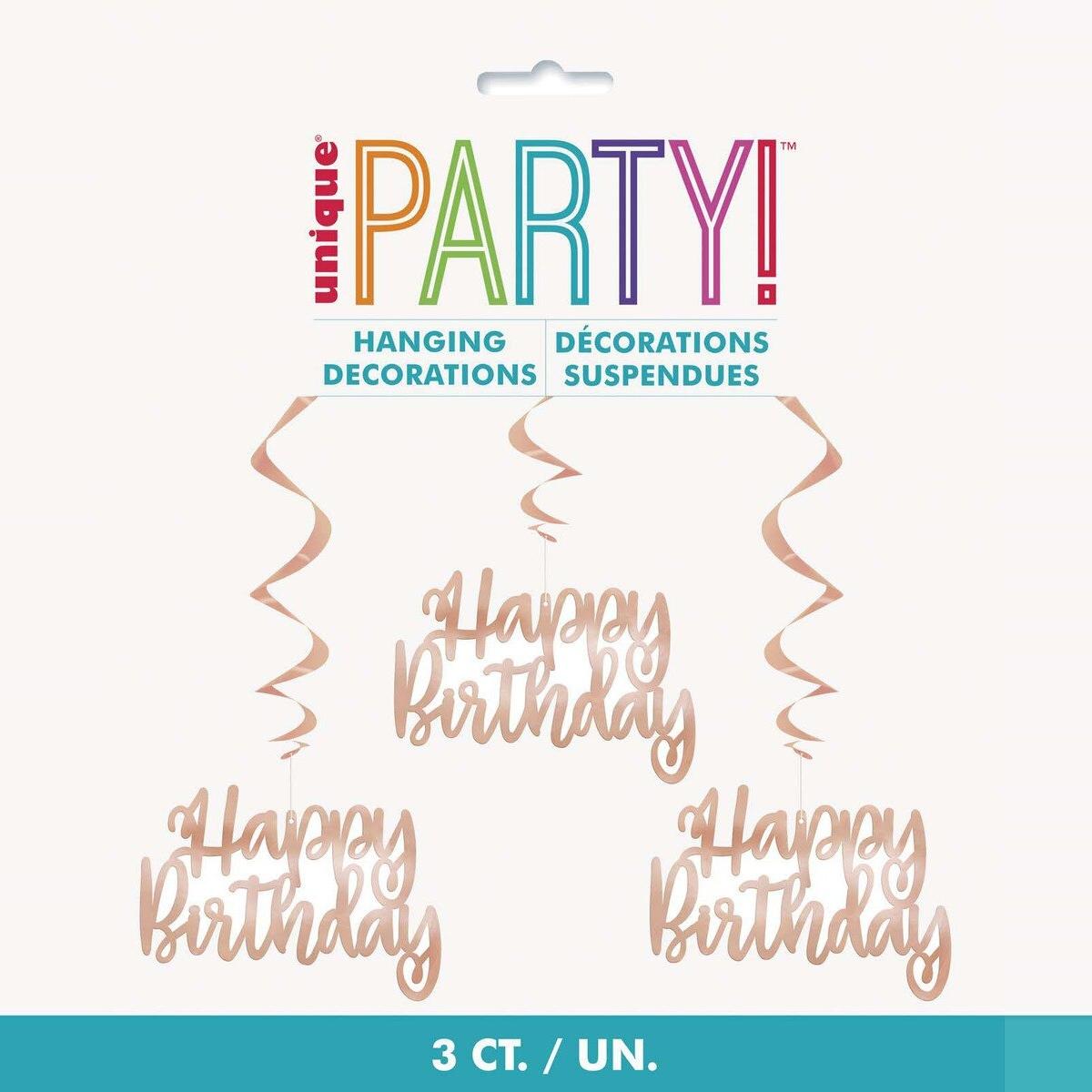Hanging Swirls 3pk - Rose Gold Happy Birthday