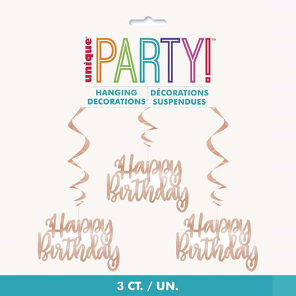 Hanging Swirls 3pk - Rose Gold Happy Birthday