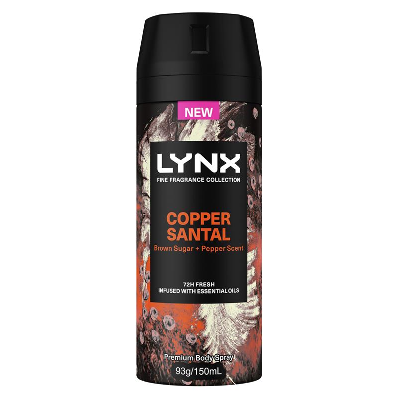 LYNX 93g / 150mL BODY SPRAY PREMIUM FINE FRAGRANCE COLLECTION COPPER SANTAL BROWN SUGAR AND PEPPER SCENT 72H
