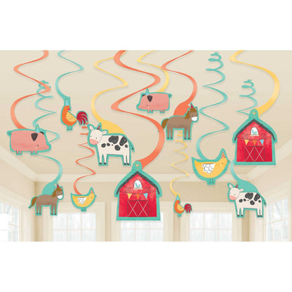 12 Barnyard Birthday Hanging Spiral Decorations