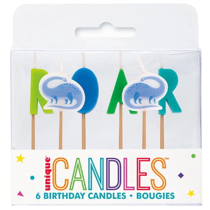 Dinosaur "Roar" 6 Blue & Green Pick Birthday Candles 6pk