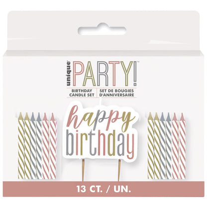 1 Happy Birthday Candle And 12 Spiral Candles - Rose Gold