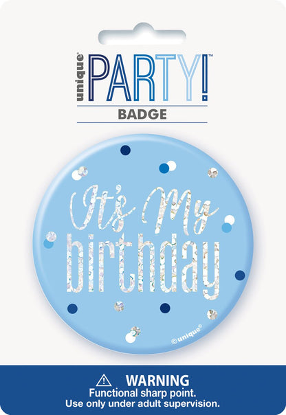 Blue Glitz 3In Badge-Birthday