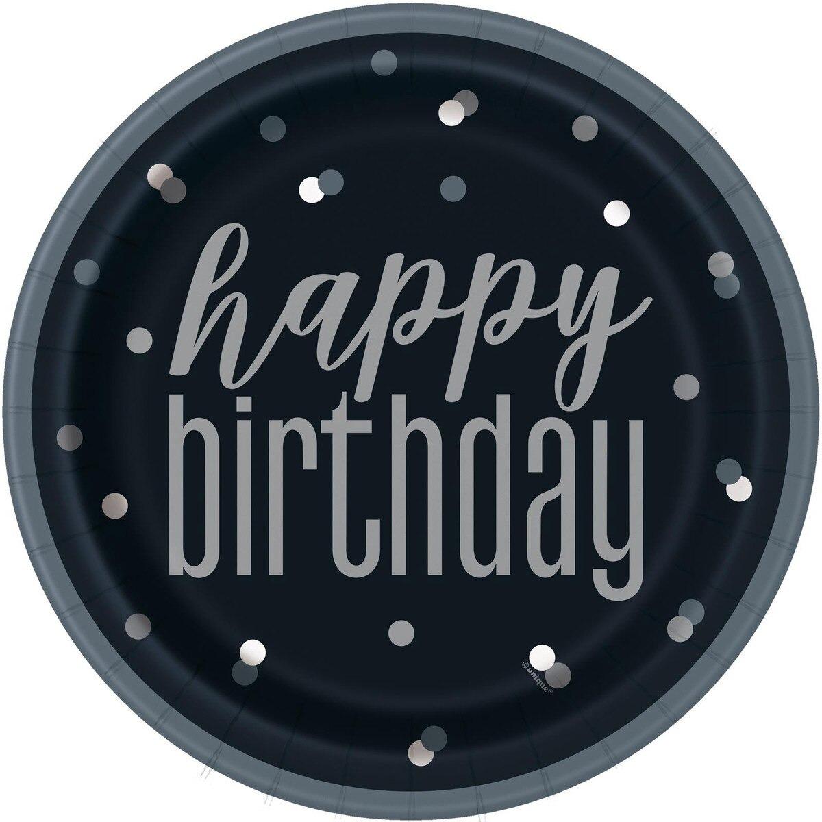 Black Happy B'Day 23cm 8pk Paper Plates
