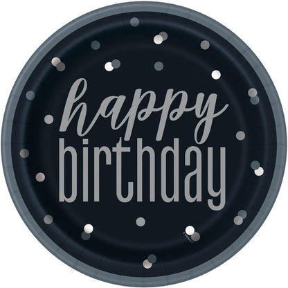 Black Happy B'Day 23cm 8pk Paper Plates