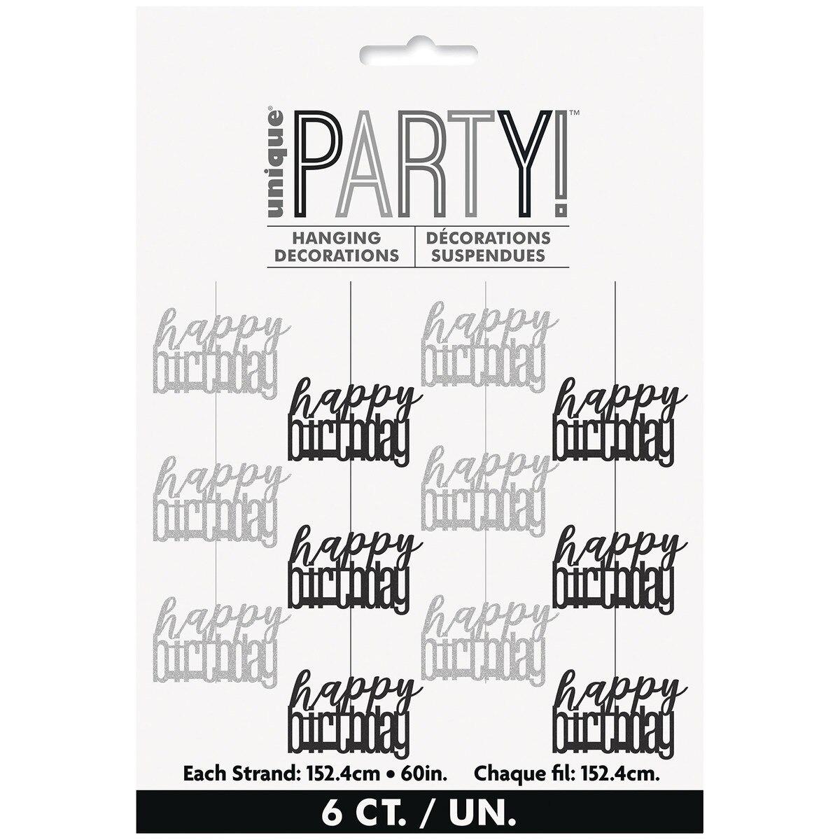 Glitz Black & Silver 6pk Hanging Decorations 1.5m #Happy Birthday