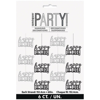Glitz Black & Silver 6pk Hanging Decorations 1.5m #Happy Birthday
