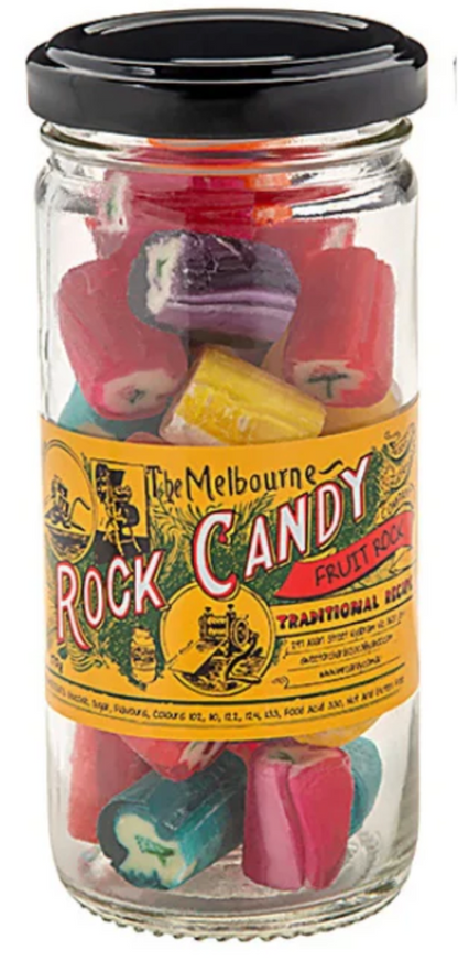 The Melbourne Rock Candy Fruit Rock Glass Jar 170g