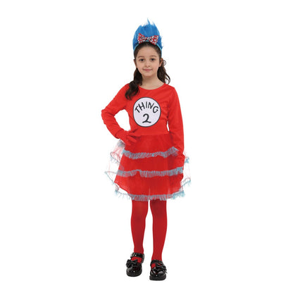 DR SEUSS COSTUME-INCLUDING DRESS, HEADPIECE, SIZE L 7-8YO, HEIGHT APPROX. 128CM, WAIST APPROX. 56CM