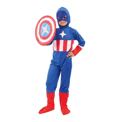 BOY SUPER HERO -INCLUDING JUMPSUIT, HOOD, SHIELD, SIZE L 7-8YO, HEIGHT APPROX. 128CM, WAIST APPROX. 56CM