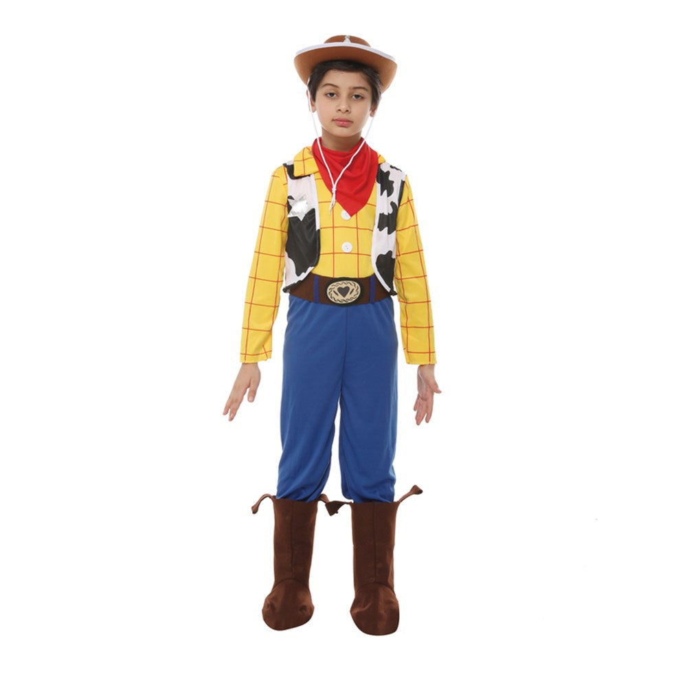 COWBOY COSTUME-INCLUDING JUMPSUIT, VEST, BOOT COVER, BELT, SIZE XL 9-10YO, HEIGHT APPROX. 140CM, WAIST APPROX. 62CM