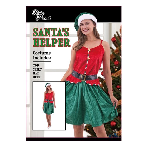 WOMEN'S SANTA HELPER ELF COSTUME-2A SIZES M & L INCLUDES HAT, TOP, BELT, SKIRT