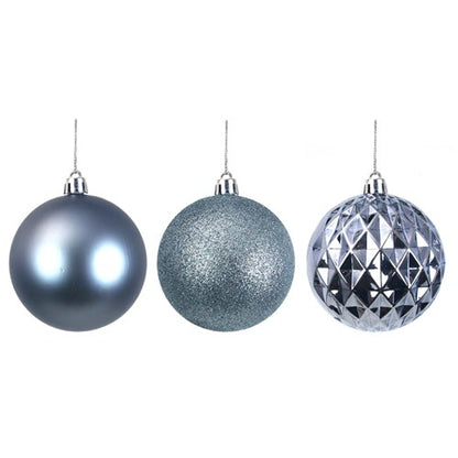 4PK 8CM ARCTIC BLUE SHATTERPROOF BAUBLES IN PVC TUBE & BLACK PDQ