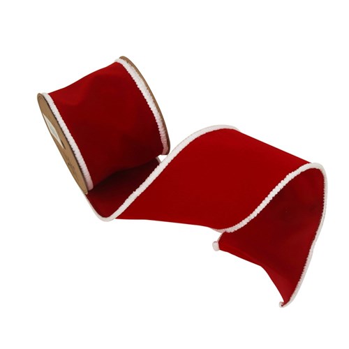 10CM X 5M RED VELVET RIBBON W/WHITE WIRE EDGING