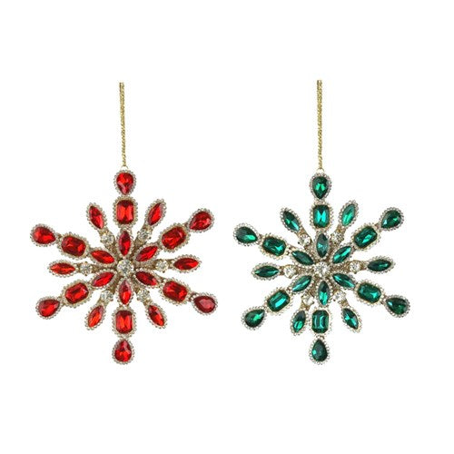 2A 13CM RED & EMERALD JEWELLED SNOWFLAKES